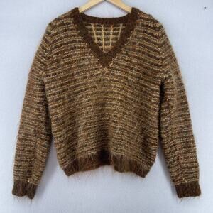 Sweater Womens M Fuzzy Striped Jumper V-Neck Long Sleeve Pullover Brown